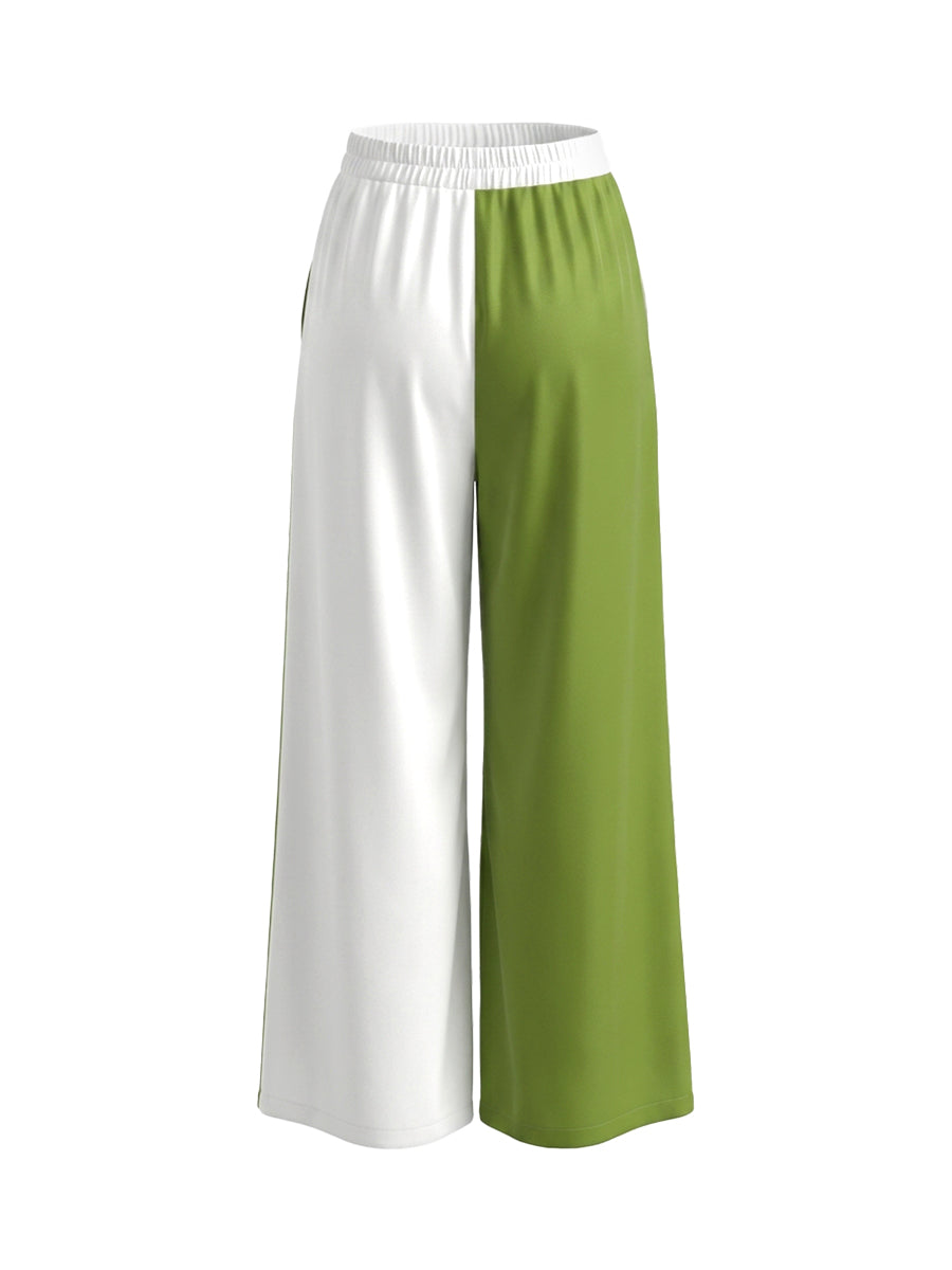 High Waisted Wide Leg Contrast Color Pockets Casual Pants Bottoms Trousers