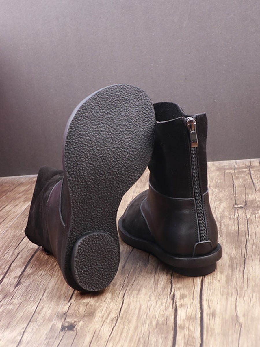 Women Vintage Genuine Leather Sliced Flat Boots