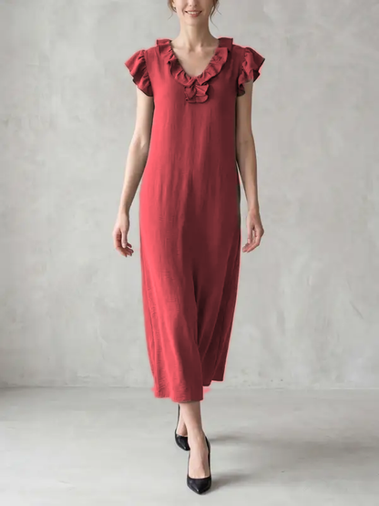 Loose Plus Size Pockets Ruffle Trim Solid Color V-Neck Maxi Dresses