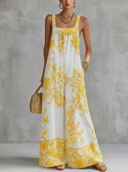 Loose Sleeveless Flower Print Pleated Pockets Spaghetti-Neck Jumpsuits