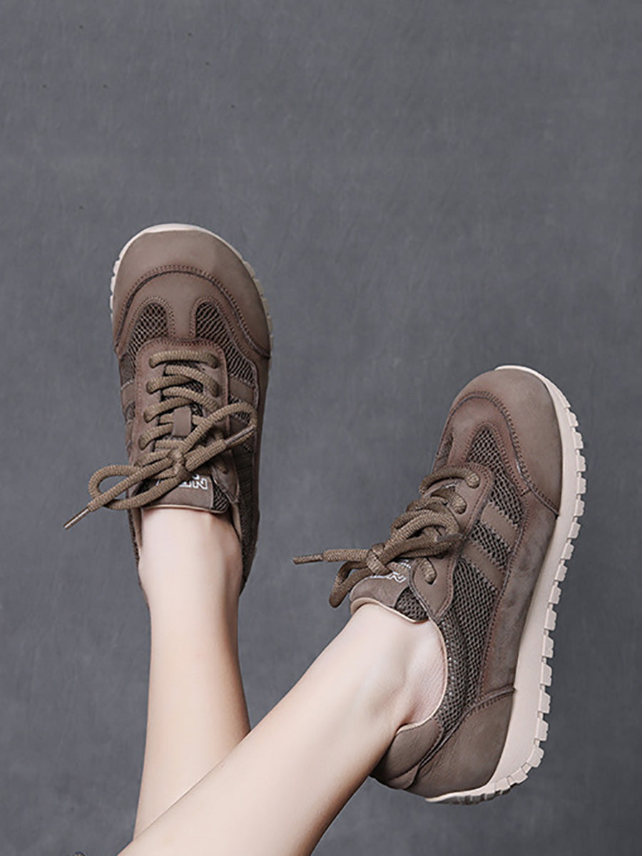 Women Casual Genuine Leather Spliced Flat Sport Shoes