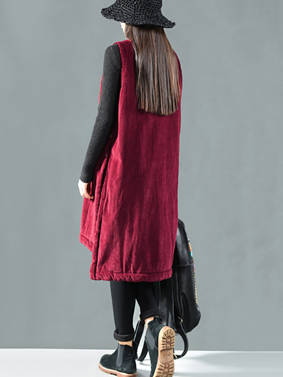 Plus Size Women Casual Solid Corduroy Long Vest Coat