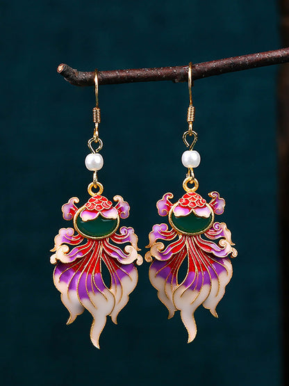 Women Vintage Enamel Koi Silver Earrings