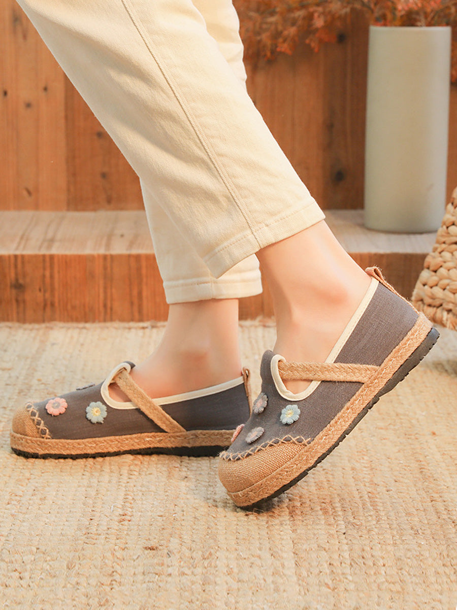 Women Artsy Summer Flower Embroidery Linen Shoes