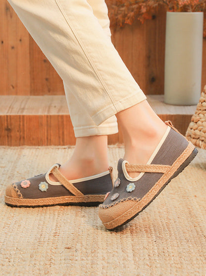 Women Artsy Summer Flower Embroidery Linen Shoes