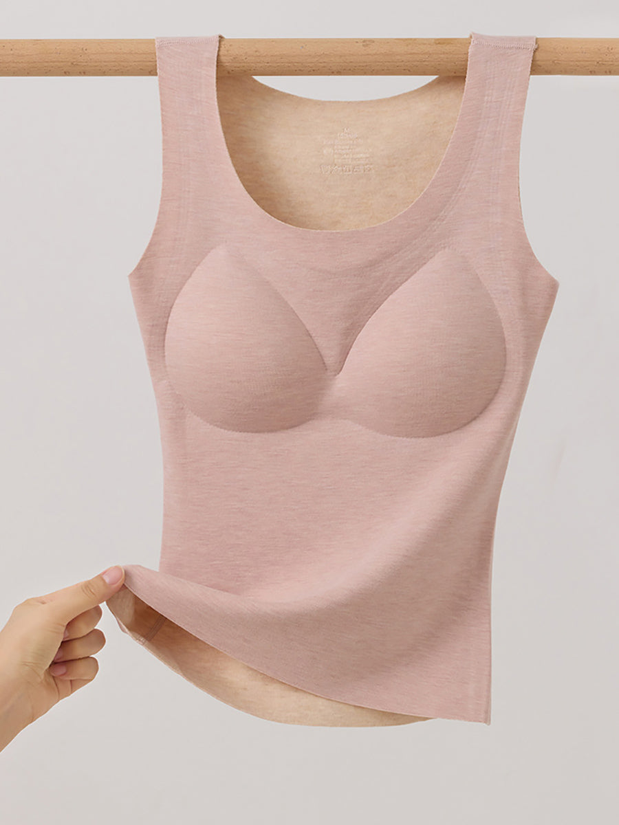 Women Winter Seamless U-Neck Solid Warm With Bra Pad Base