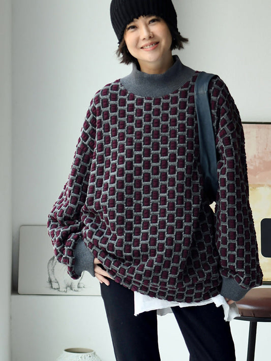 Women Artsy Plaid Fleece-lined Half-Turtleneck Blouse