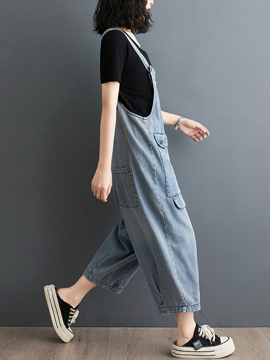 Plus Size Women Summer Solid Casual Loose Denim Jumpsuits