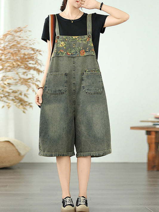 Women Summer Flower Spliced Denim Fifth Jumpsuits