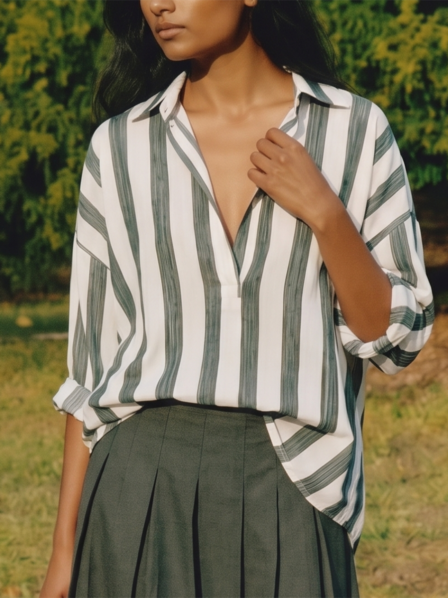 Long Sleeves Loose Buttoned Contrast Color Striped Lapel Blouses&Shirts Tops