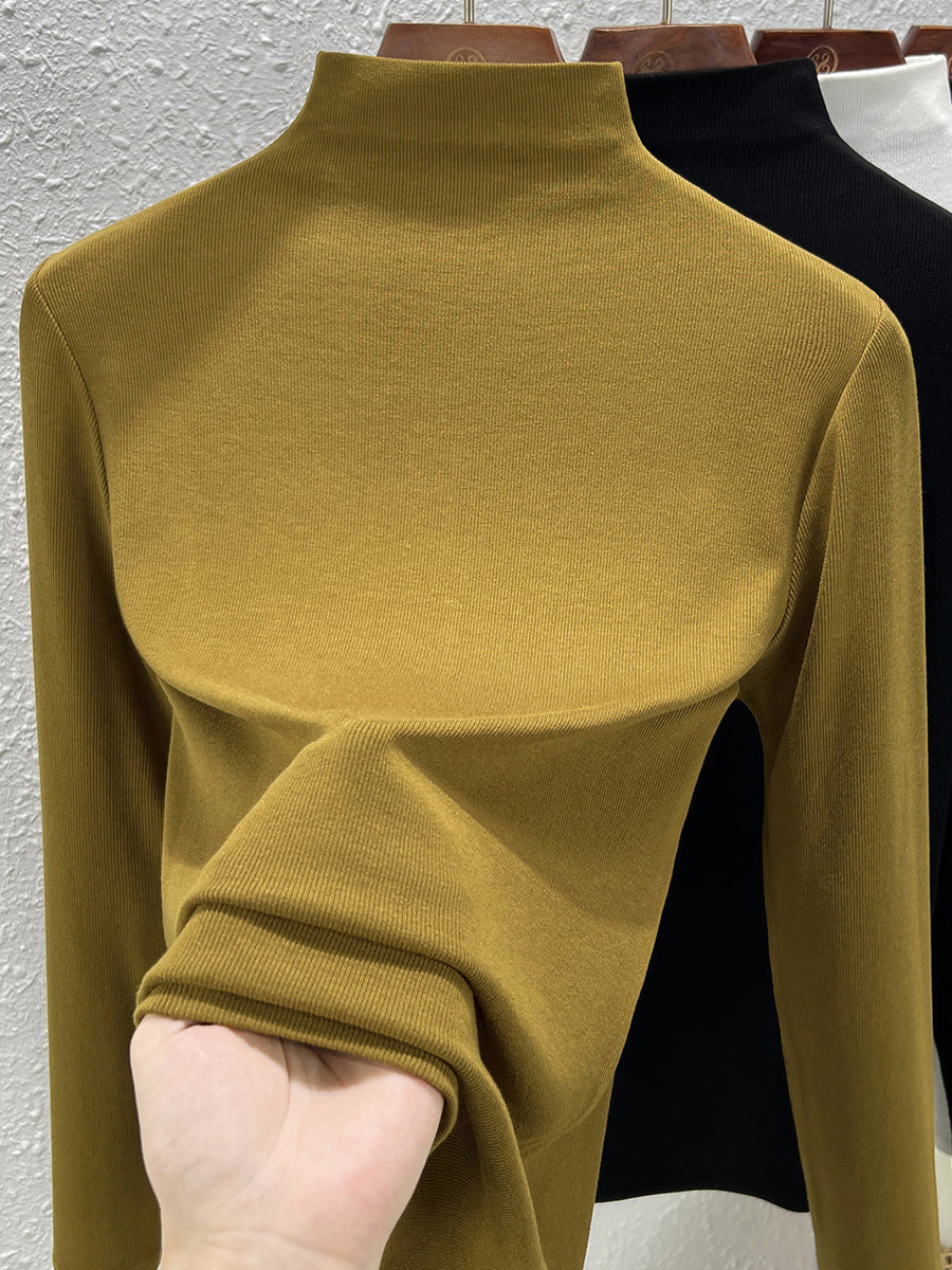 Women Spring Pure Color Half-Turtleneck Blouse