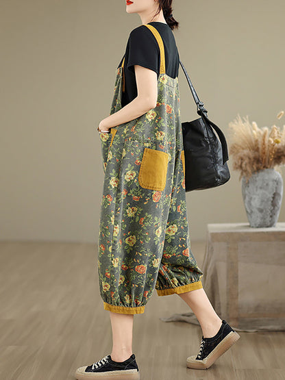Women Summer Flower Denim Cropped Jumpsuits