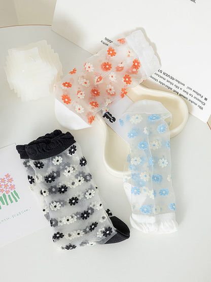 3 Pairs Women Artsy Summer Flower Thin Socks