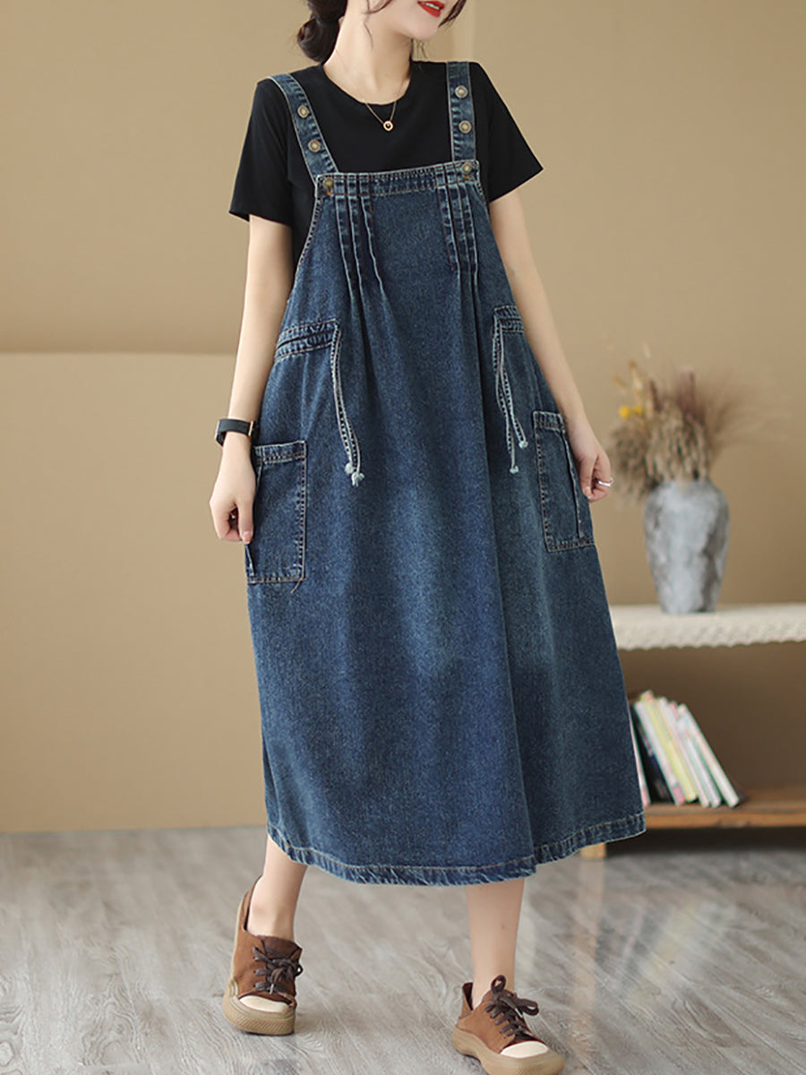 Plus Size Women Summer Retro Pleat Drawstring Pocket Denim Dress
