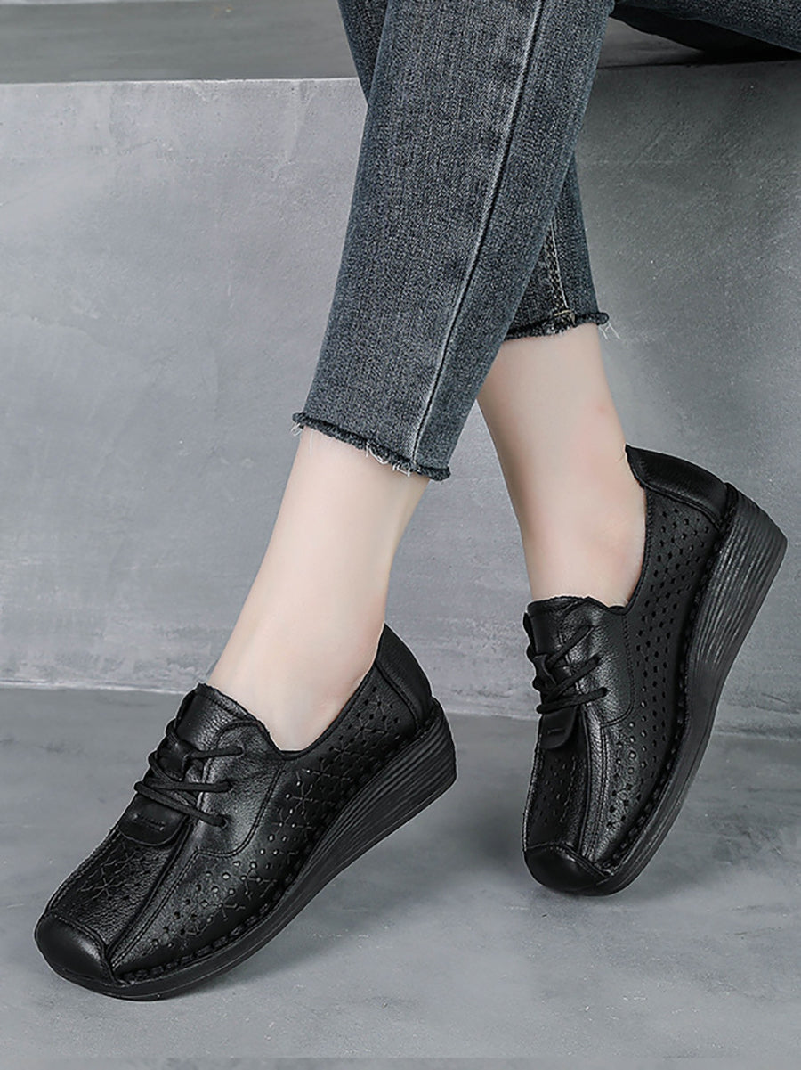 Women Vintage Genuine Leather Hollow Out Platform Shoes