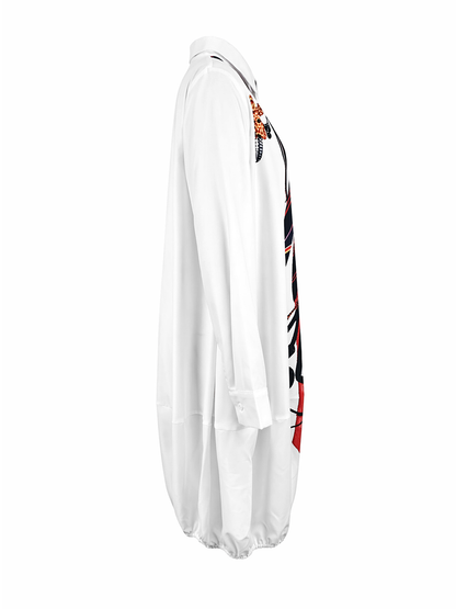 Long Sleeves Loose Buttoned Pockets Printed Lapel Midi Dresses