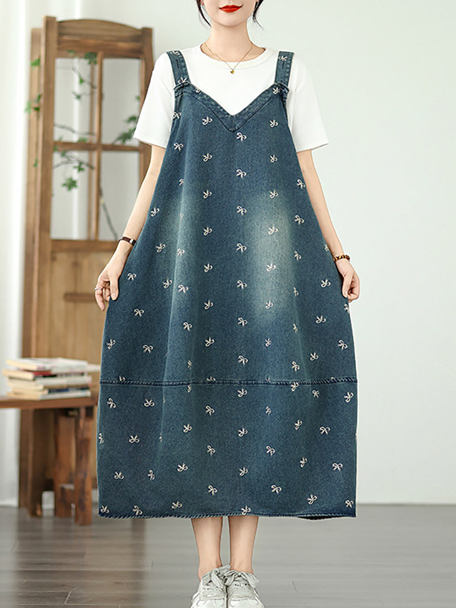 Women Summer Bowknot Embroidery Denim Overall Dress