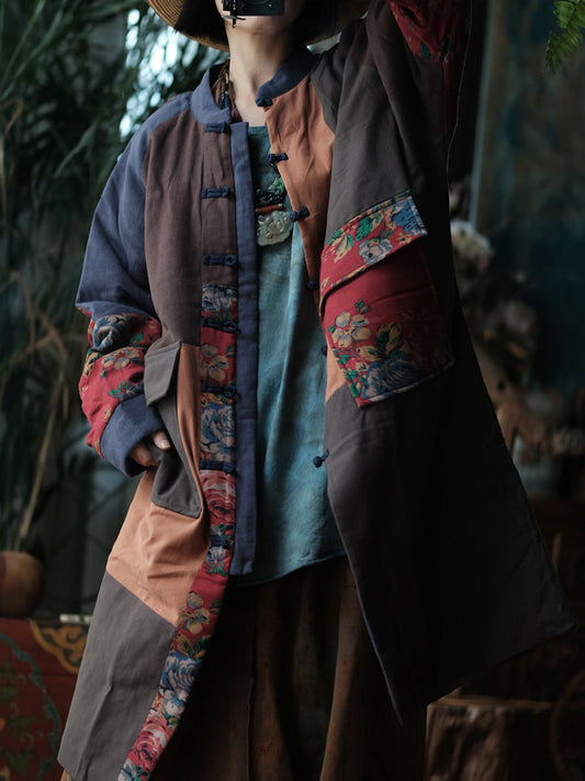 Women Autumn Vintage Patchwork Stand Collar Padded Coat