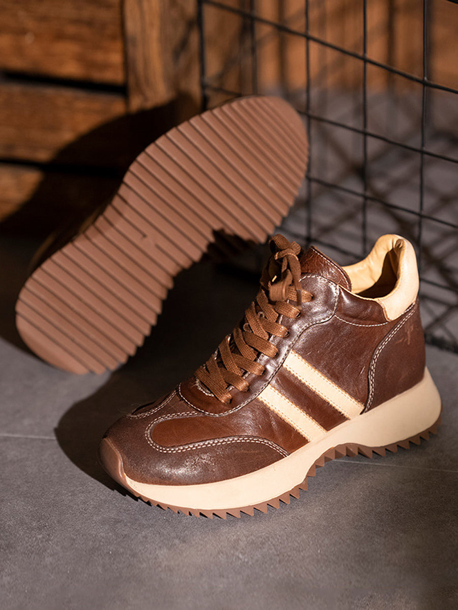 Women Vintage Genuine Leather Spliced Platform Shoes