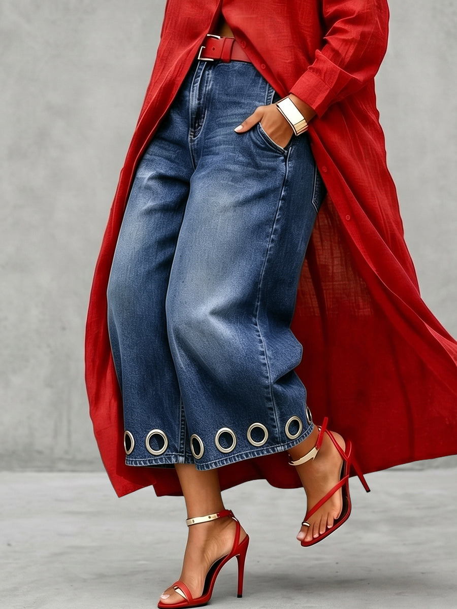 Loose Wide Leg Hollow Pockets Jean Pants Bottoms