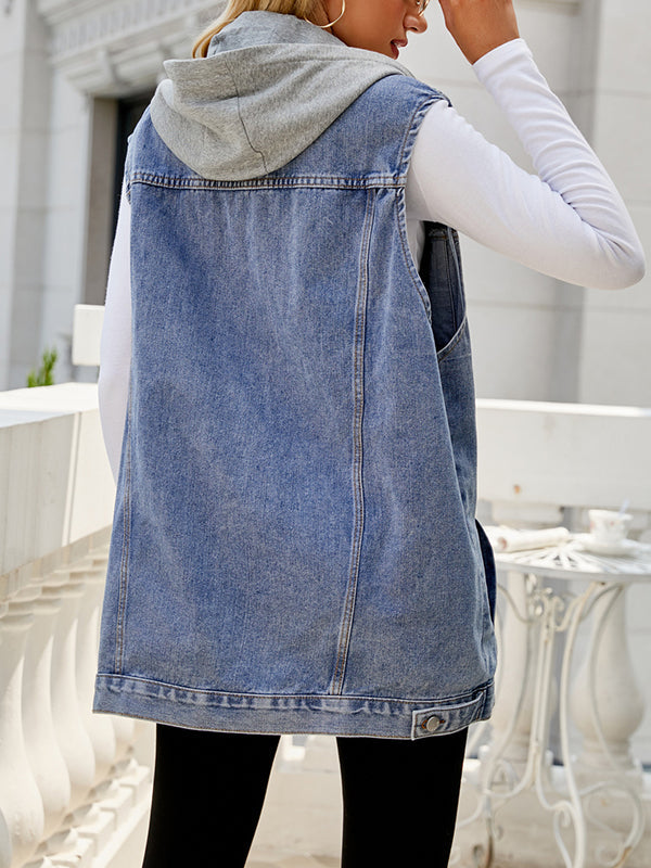 Loose Sleeveless Buttoned Detachable Drawstring Hooded Pockets Split-Joint Polo Vest Outerwear