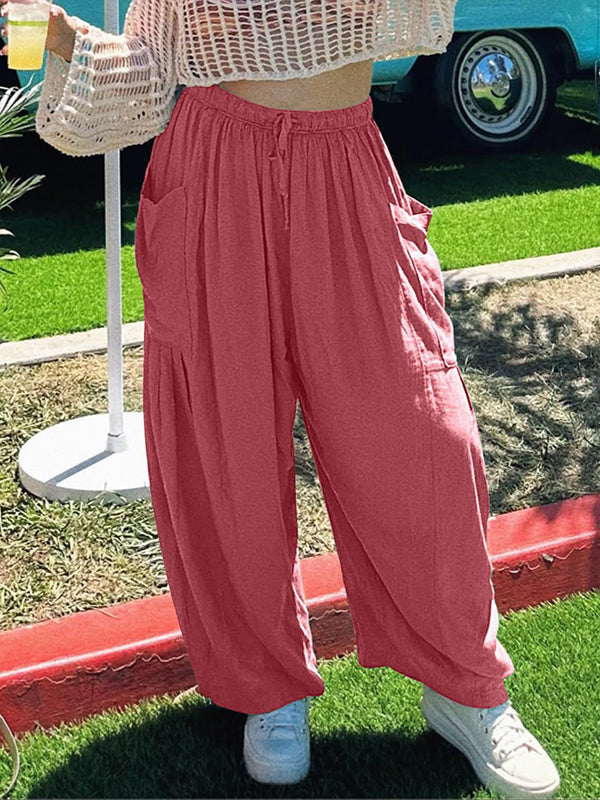 High Waisted Loose Drawstring Elasticity Pleated Pockets Solid Color Ninth Pants Trousers