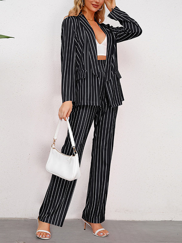 Long Sleeves Striped Lapel Blazer Top + Wide Leg Pants Bottom Two Pieces Set