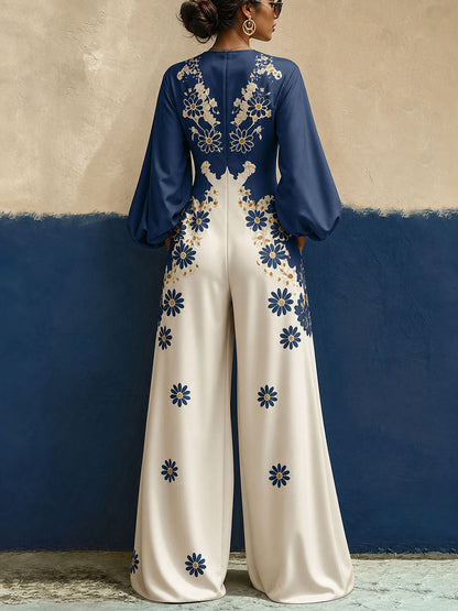 Pockets Flower Print Elasticity Contrast Color Wide Leg Long Sleeves V-neck Jumpsuits
