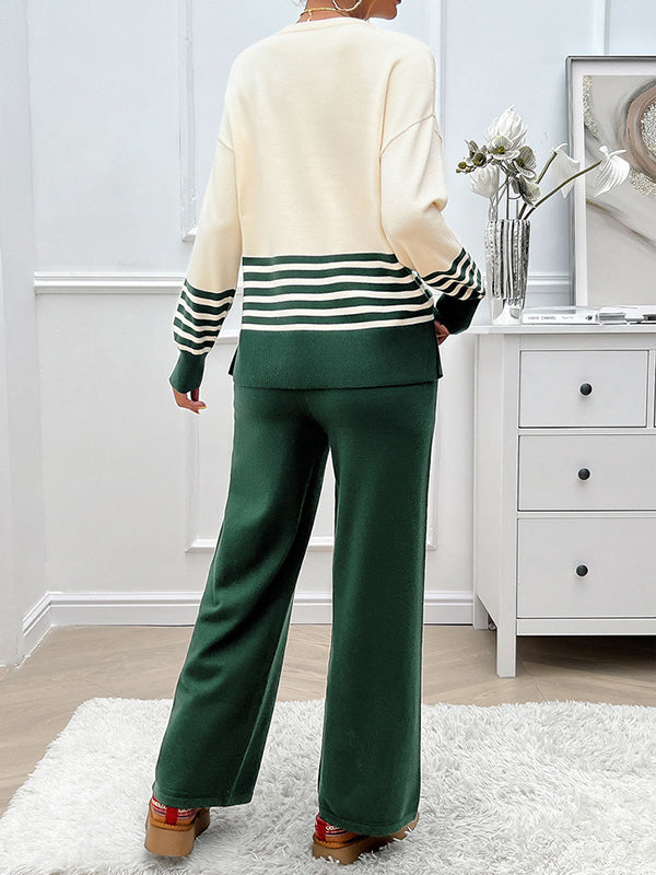 Long Sleeves Loose Contrast Color Split-Side Striped Round-Neck Sweater Top + Pants Bottom Two Pieces Set
