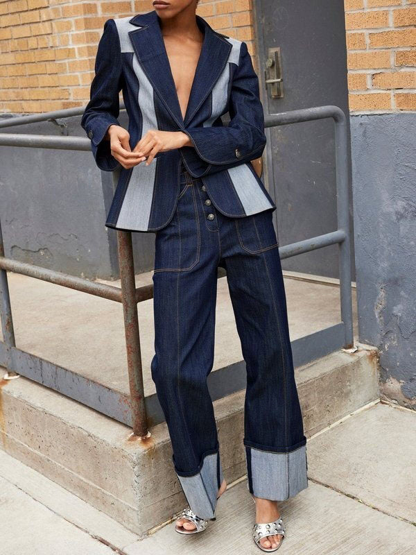 Long Sleeves Loose Contrast Color Split-Joint Deep V-Neck Jackets Outerwear