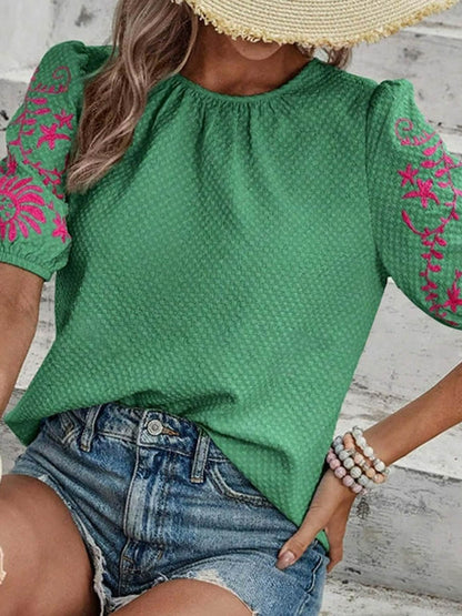 Loose Short Sleeves Bow-Embellished Contrast Color Split-Joint Round-Neck Blouses&Shirts Tops