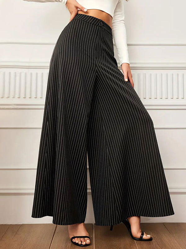 High Waisted Wide Leg Buttoned Split-Joint Striped Pants Trousers