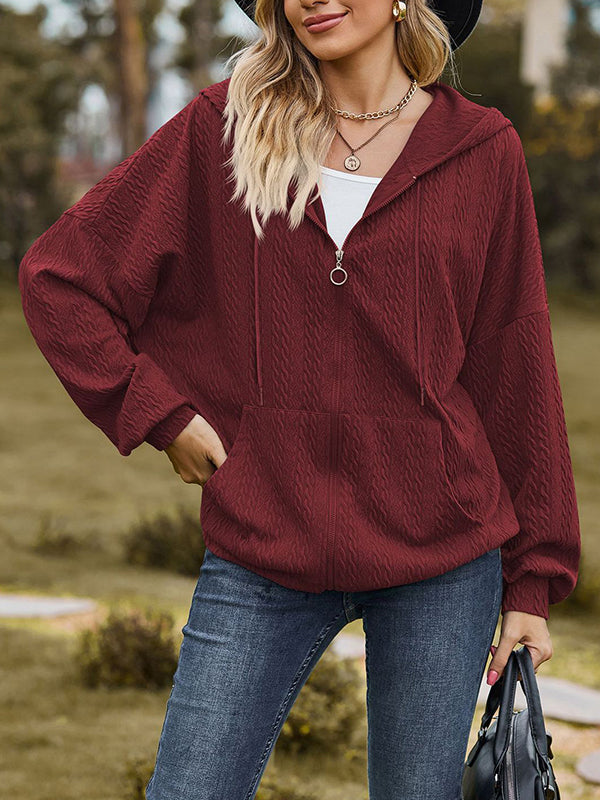 Long Sleeves Loose Drawstring Hooded Pockets Solid Color Zipper V-Neck Outerwear