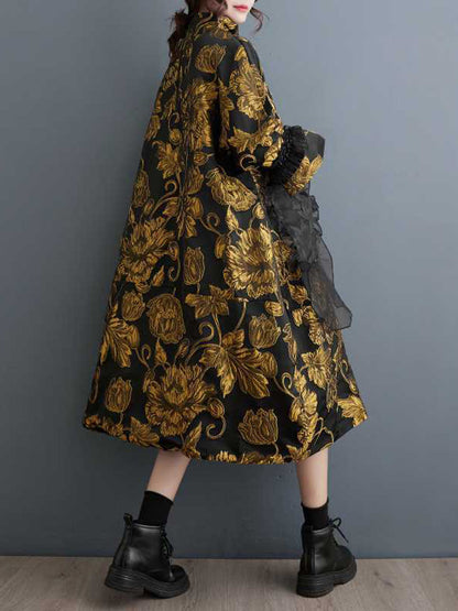 A-Line Flared Sleeves Contrast Color Flower Print Jacquard Pockets High Neck Midi Dresses