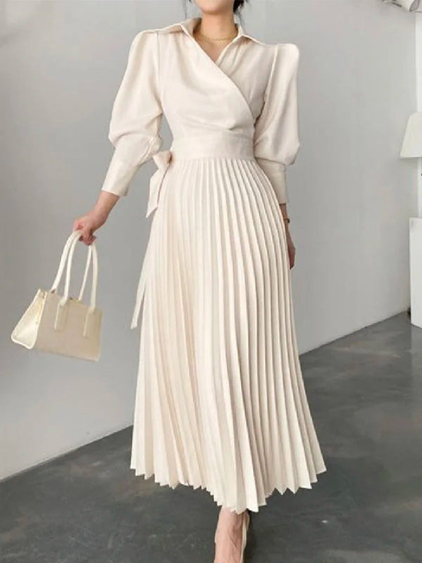 InsCoder TestOffice Pleated Asymmetric Solid Color Lapel Maxi Dresses (Copy)