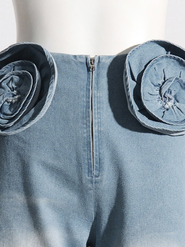 Straight Leg Three-Dimensional Flower Zipper Jean Pants Bottoms