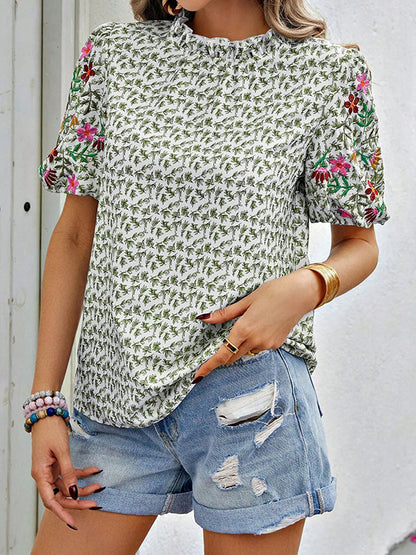 Loose Short Sleeves Elasticity Embroidered Flower Print Pleated Split-Joint Mock Neck T-Shirts Tops