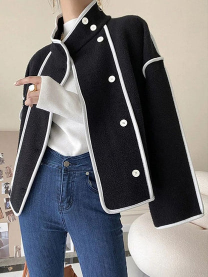 Long Sleeves Loose Buttoned Contrast Color Stand Collar Jackets Outerwear