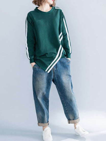 Cropped Long Sleeves Striped Round-Neck Hoodies&Sweatshirt