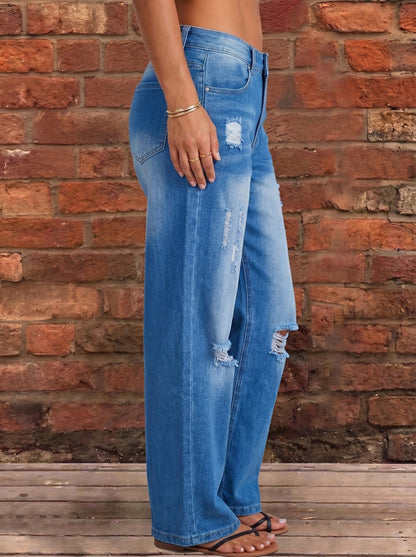 High Waisted Wide Leg Buttoned Hollow Pockets Split-Joint Jean Pants Bottoms