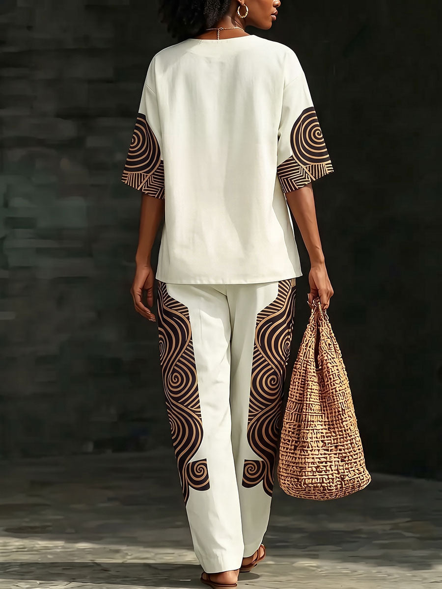 Printed Pockets Elasticity Contrast Color Wide Leg Loose Trousers Pants