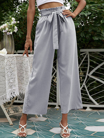 High Waisted Loose Pockets Solid Color Tied Waist Pants Trousers