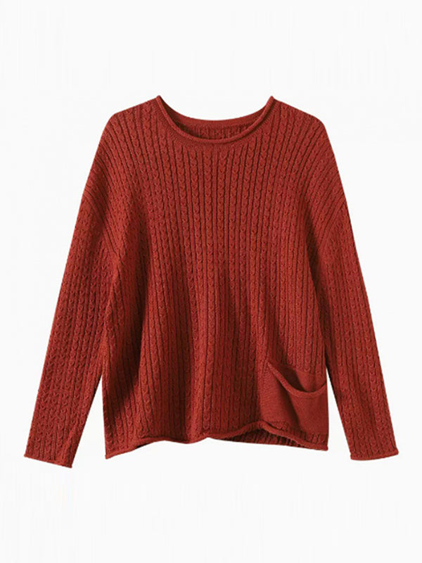 Artistic Retro Loose Long Sleeves Jacquard Solid Color Round-Neck Sweater Tops