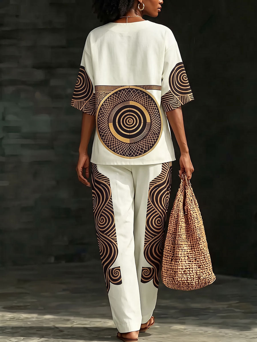 Printed Contrast Color Loose Half Sleeves V-neck Blouses&shirts Tops