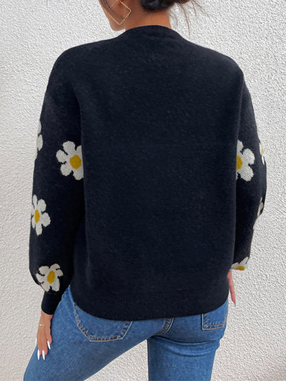 Long Sleeves Loose Contrast Color Floral Printed Split-Joint Round-Neck Sweater Tops