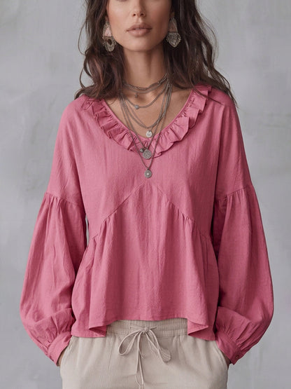 Long Sleeves Loose Pleated Ruffle Trim Solid Color Split-Joint Deep V-Neck Blouses&Shirts Tops