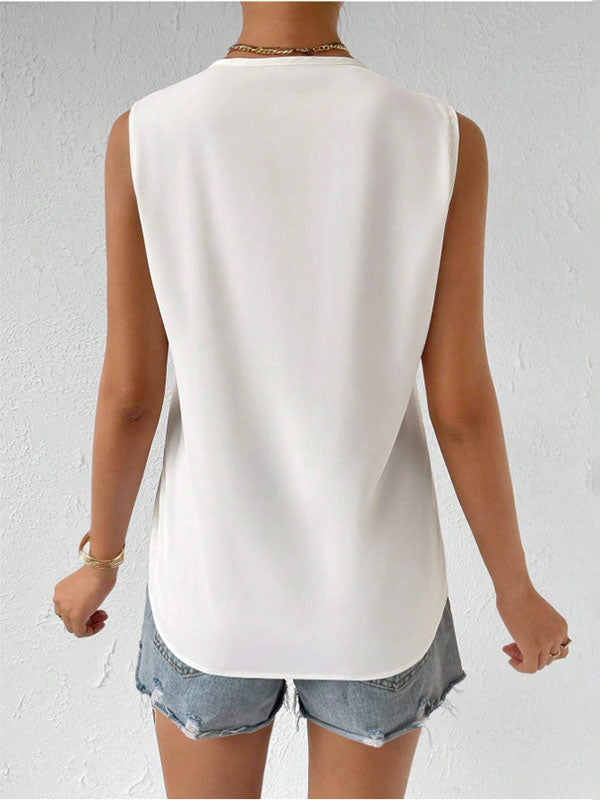 Loose Sleeveless Embroidered Split-Joint V-Neck Vest Top