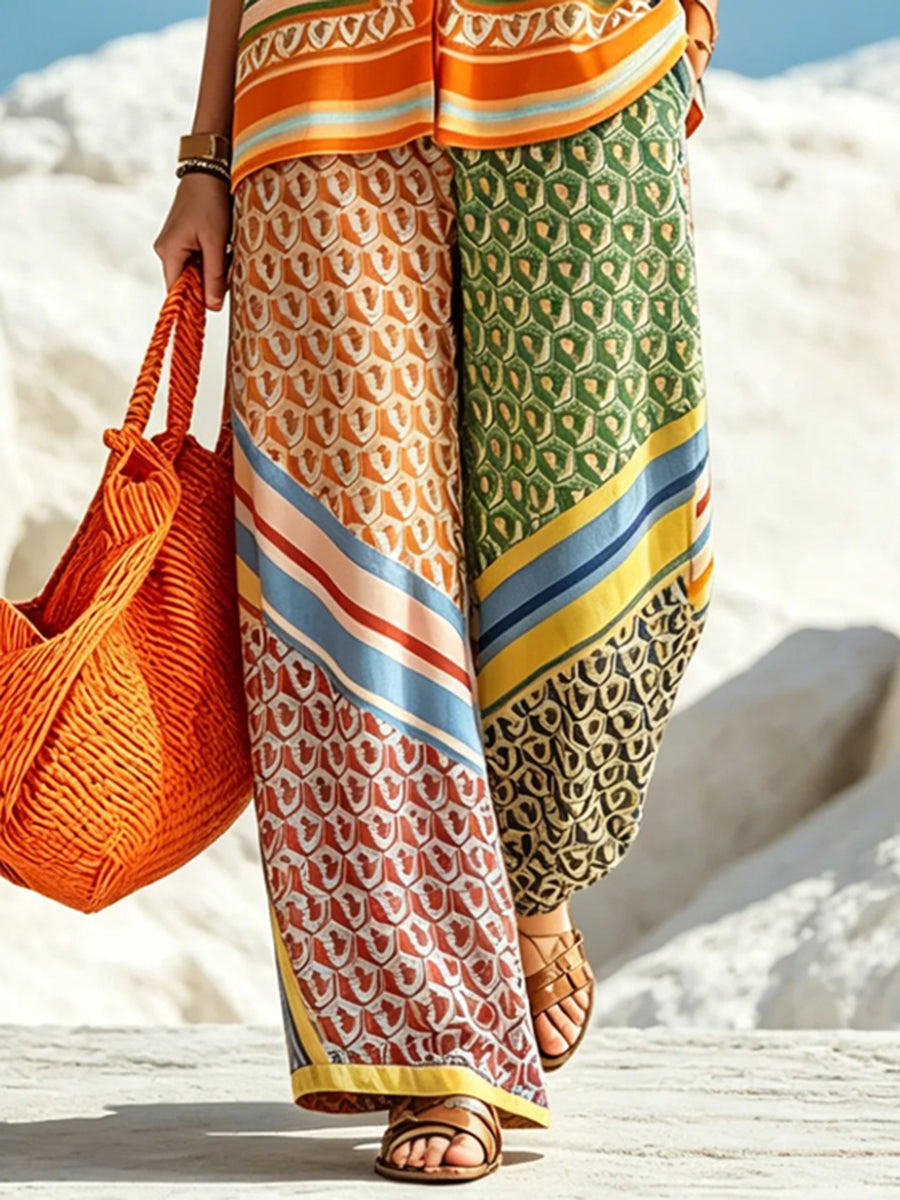 Loose Wide Leg Pockets Printed Pants Trousers