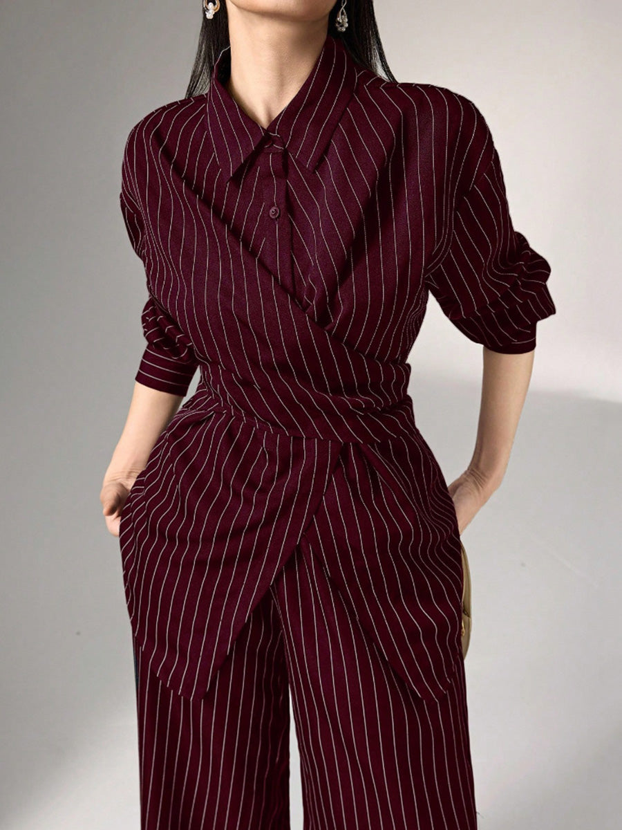 Striped Lapel Irregular Buttoned Wrap Tied Waist Blouse Tops + High Waist Wide Leg Trousers Bottoms Two Pieces Set