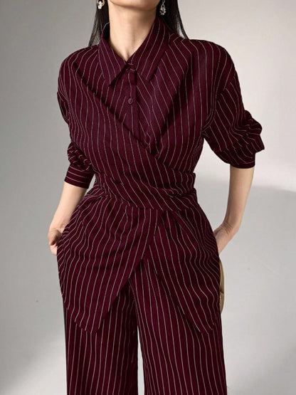 Striped Lapel Irregular Buttoned Wrap Tied Waist Blouse Tops + High Waist Wide Leg Trousers Bottoms Two Pieces Set